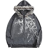 SOLY HUX Men's Y2k Grunge Zip Up Hoodie Sweatshirts Gothic Fur Hooded Jacket Streetwear