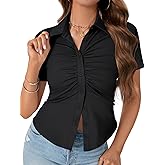 LYANER Women's Collar V Neck Button Slim Fitted Blouse Ribbed Knit Short Sleeve Shirt Going Out Top
