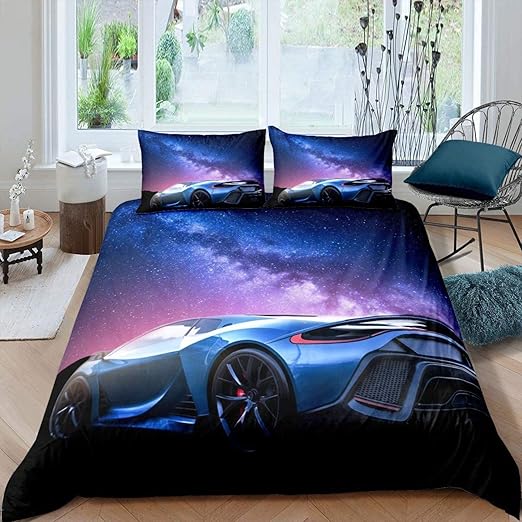 Galaxy Car Duvet Cover Blue Race Car Bedding Set for Kids Boys Girls