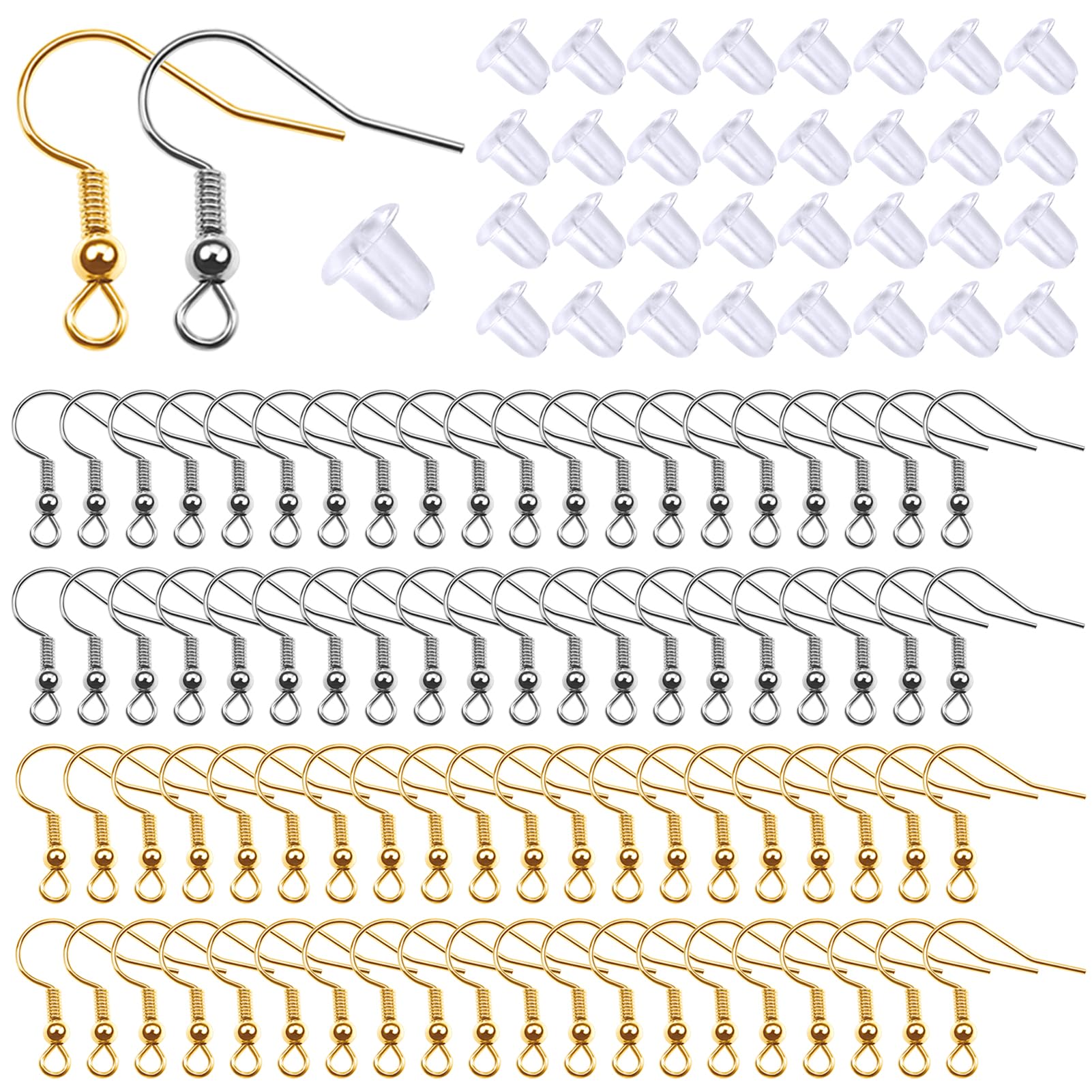 Toaob 800 Pieces Earring Hooks 18 mm Hypoallergenic Wire Hook 925 Plated Silver Gold with 4 x 5 mm Clear Silicone Back Findings for Jewellery Making Accessories