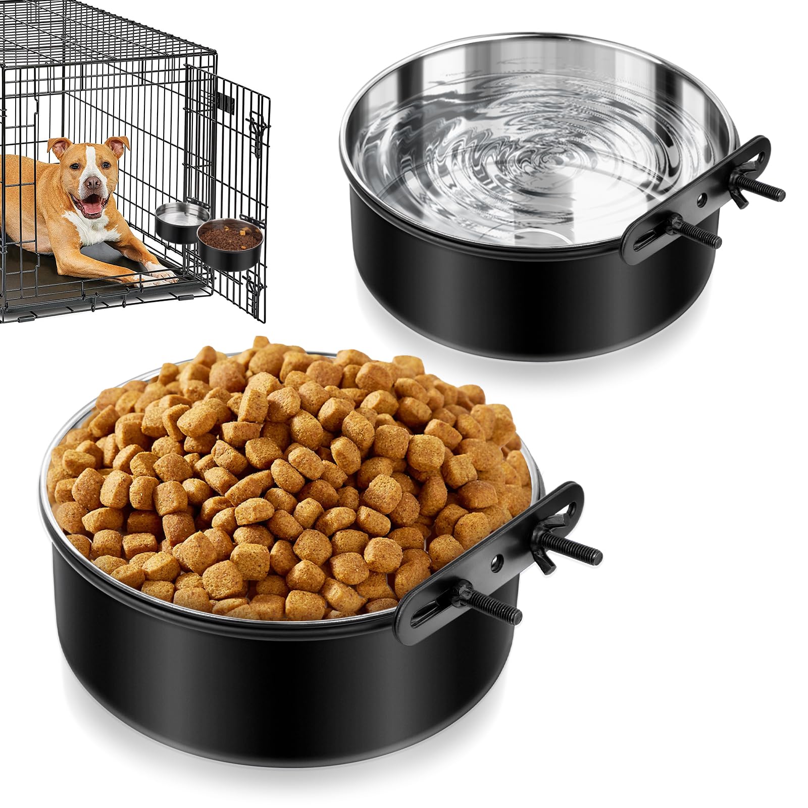 Photo 1 of 2 Pack No Spill Dog Crate Bowls, Black Stainless Steel Mountable Crate Bowls for Kennel Cage, Cat Puppy Bunny Birds (50oz+33oz)