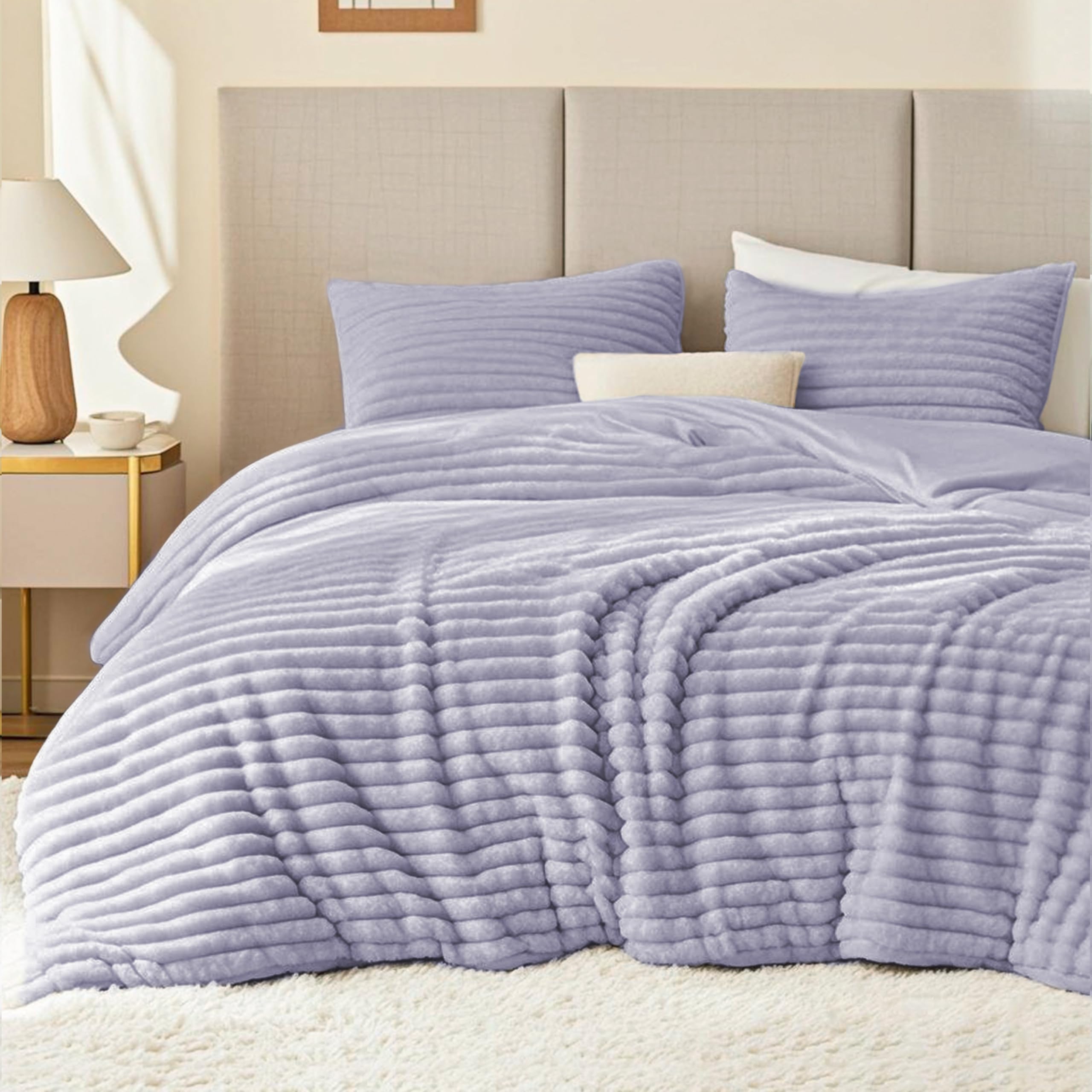 EXQ Home Fluffy Comforter Set King Size - Super Soft Faux Fur Stripe Jacquard Comforter 3 Pieces, Purple Fleece Bedding Set,Winter Warm Bed Set,1 Comforter with 2 Pillowcases Image