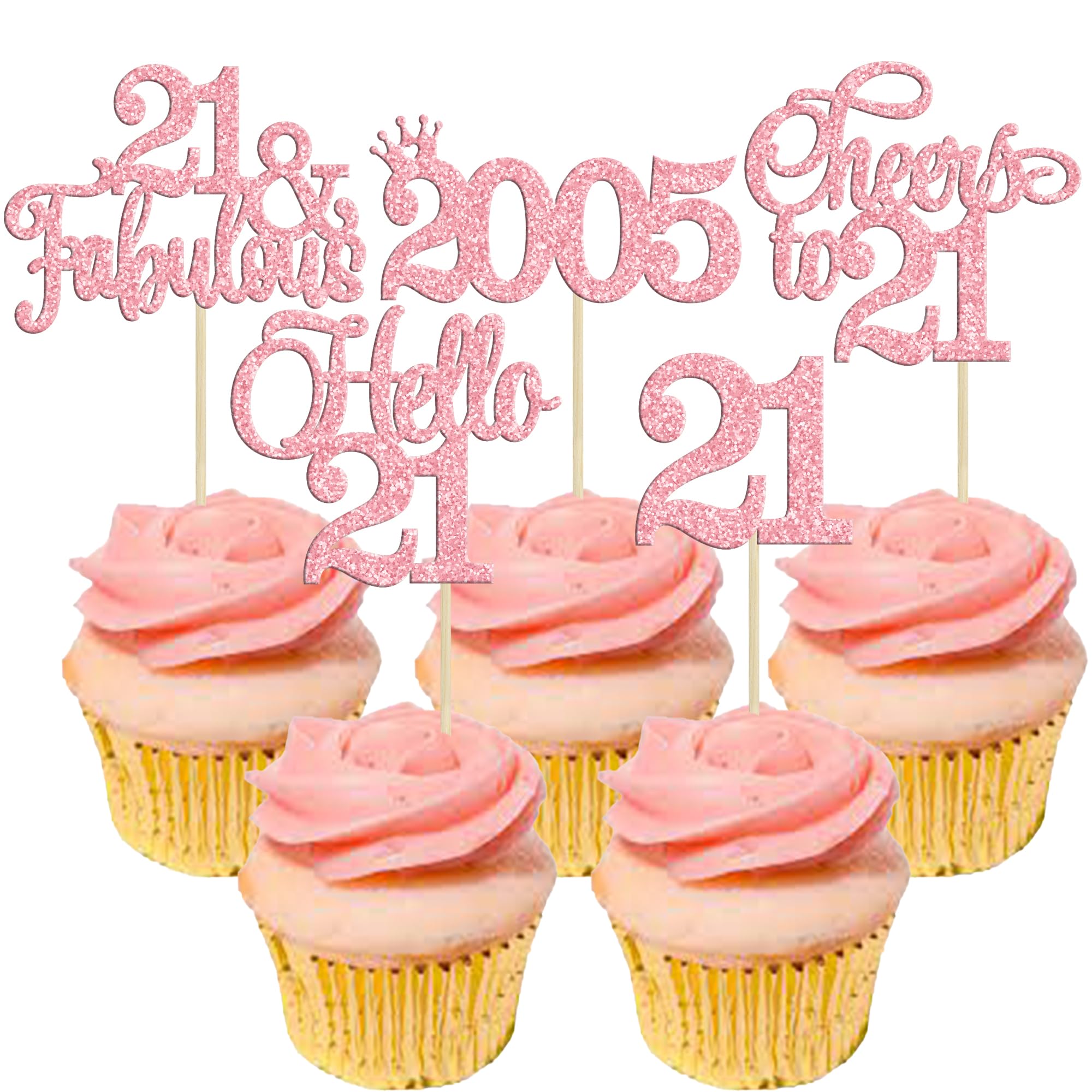 Gyufise 30Pcs 21st Birthday Cupcake Toppers Hello 21 Cupcake Picks 2005 Cake Toppers for Happy 21st Birthday Anniversary Party Cake Decorations Supplies Pink