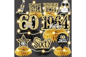 Bumqviy 9Pcs 60th Birthday Honeycomb Centerpieces Decorations with String Lights for Women Men, Black Gold Vintage 1964 Aged to Perfection Table Party Supplies, 60 Year Old Birthday Party Table Sign