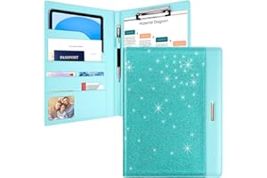 Glitter Padfolio/Resume Portfolio Folder for Women Men, WAVEYU Cute Chic Padfolio Cover Folder, Conference/Legal Document Organizer with Letter/A4 Size Clipboard, Document Sleeve, Teal