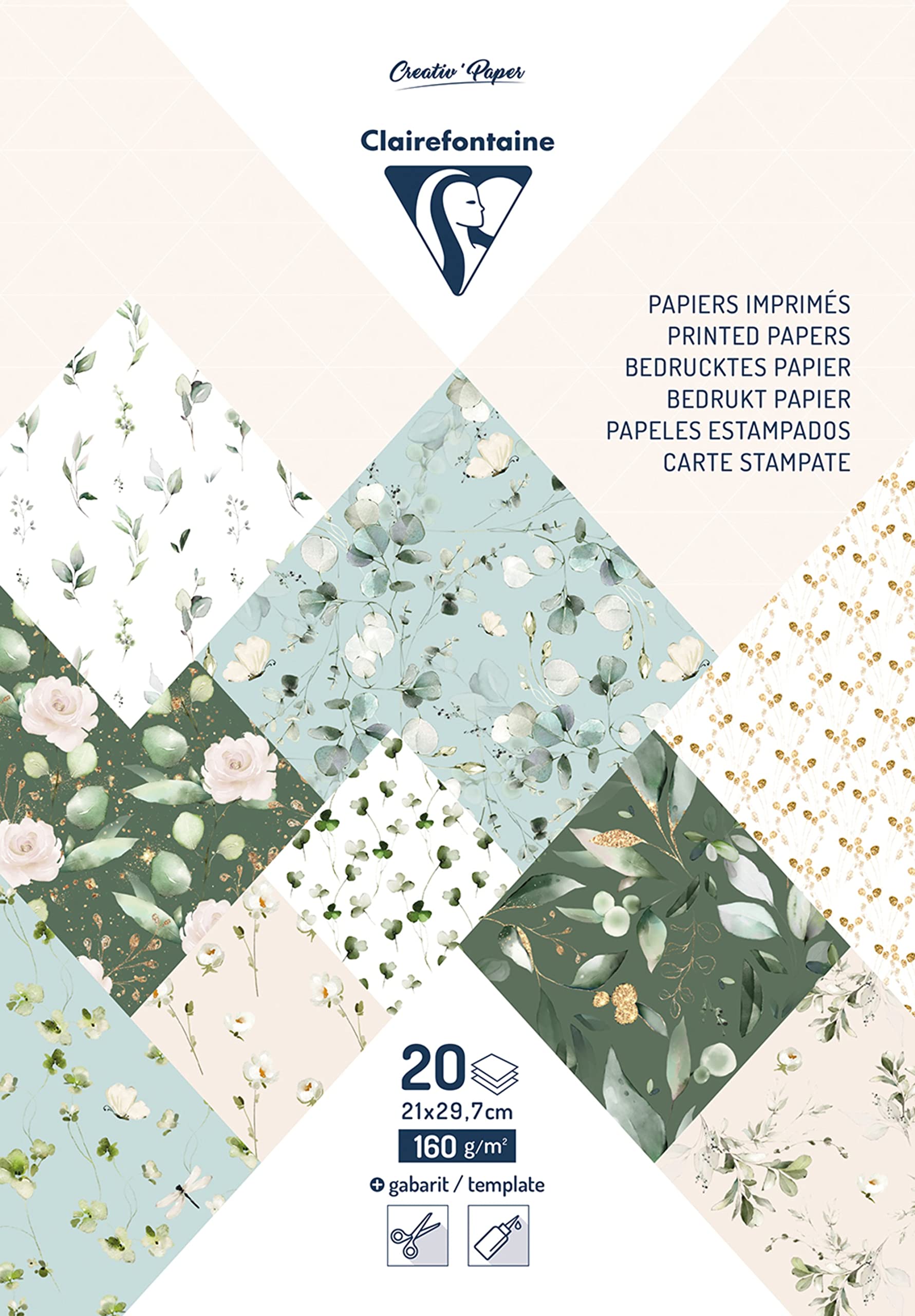 Clairefontaine 95545C - Printed Paper Pad of 20 Sheets Romantic Design A4 (21x29,7cm) 160gsm + 2 sheets of cut-out labels + Creative Idea - Scrapbooking