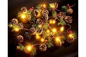 JUSTOTRY Christmas Garland with Lights, Battery Operated Christmas lights, String Lights with Bell, Needle, Pine Cones, Red Berries, Xmas Wreath for Tree, Fireplace, Indoor Decorations, 2m/6.6FT, 20 Led