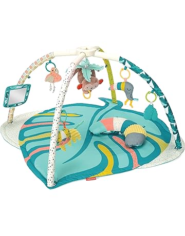 Infantino 4-in-1 Deluxe Twist & Fold Activity Gym & Play Mat, Tropical - Includes linkable Toys, Musical Monkey, Mirror and Bolster Pillow, for Newborns, Babies and Toddlers