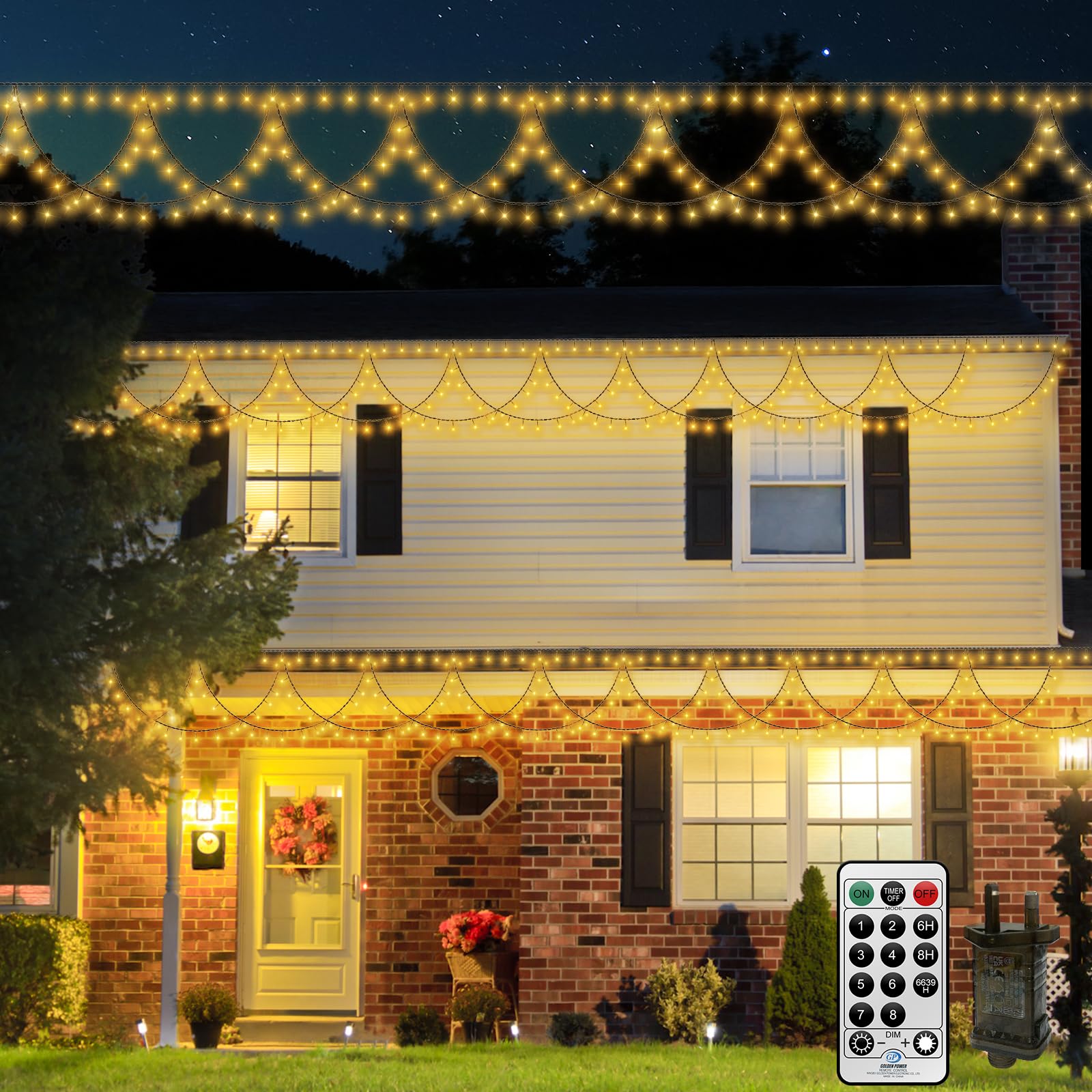 CORST 10M Outdoor Window Curtain Lights Plug in,380LED Roof Fairy Lights String Hanging Eaves Fairy Lights with Remote Timer Connected,Dark Green Wire,Waterproof for Outside Indoor Room(Warm White)