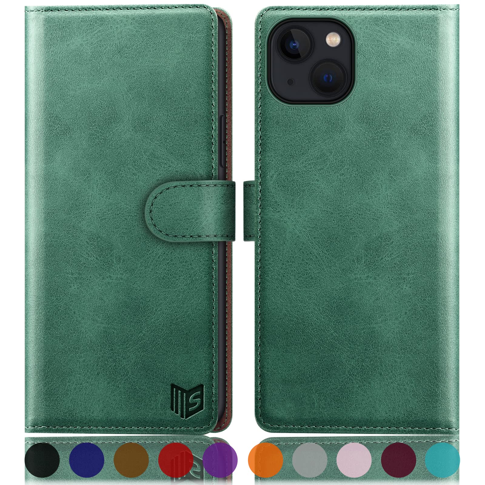 SUANPOT for iPhone 14 6.1 inch case with [Credit Card Holder][RFID Blocking],PU Leather Flip Book Protective Cover Women Men for Apple 14 Phone case Sea Green