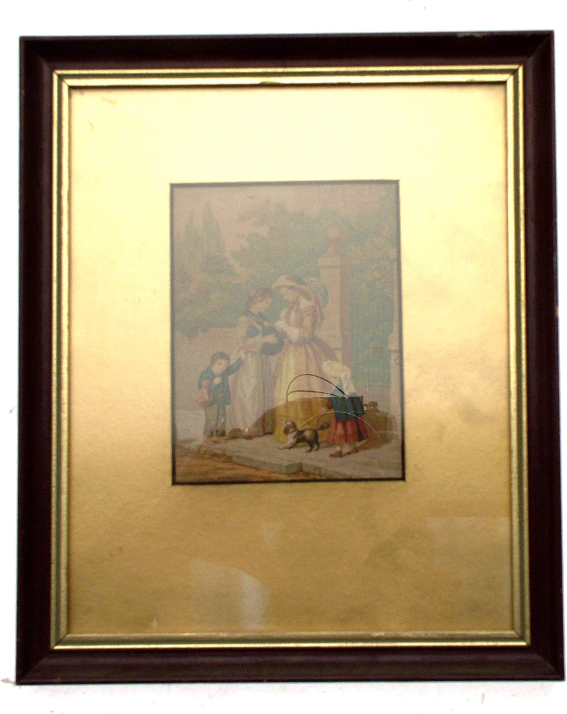 Baxter Print c1850 Group With Children And Dog