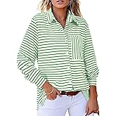 Astylish Women's 2025 Oversized Long Sleeve Shirts Button Up Striped Collared Front Pocket Top