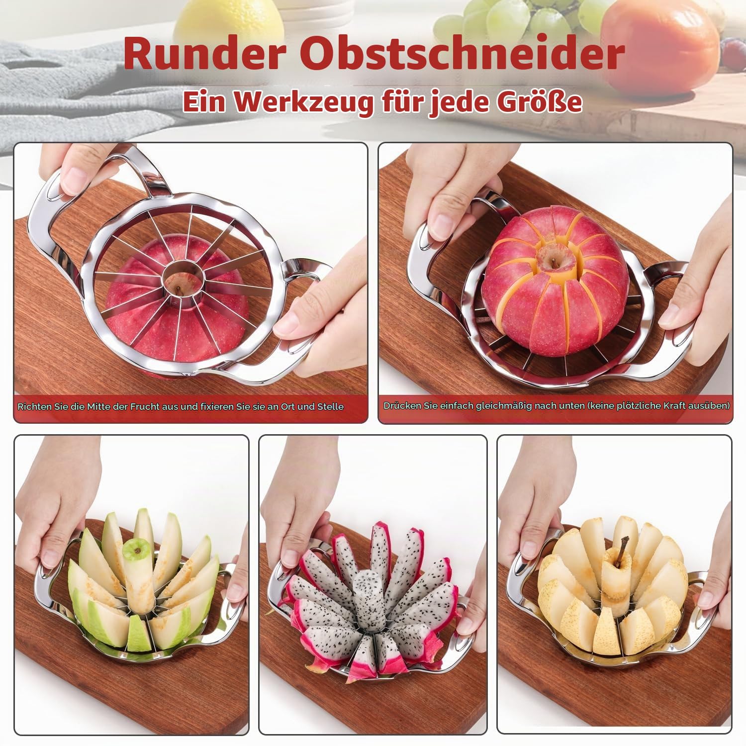 Apfelschneider aus 304 Edelstahl, Apfelentkerner 12 Scheiben, Großer Obstschneider mit Entkerner, Spülmaschinenfest – Keine Wasseransammlung, 2026 Upgrade, Null Kunststoffe 7