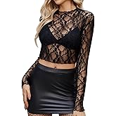 Avidlove Lace Tops for Women Long Sleeve Mesh Top Mock Neck Sheer Blouse Lace Shirt Layering Top