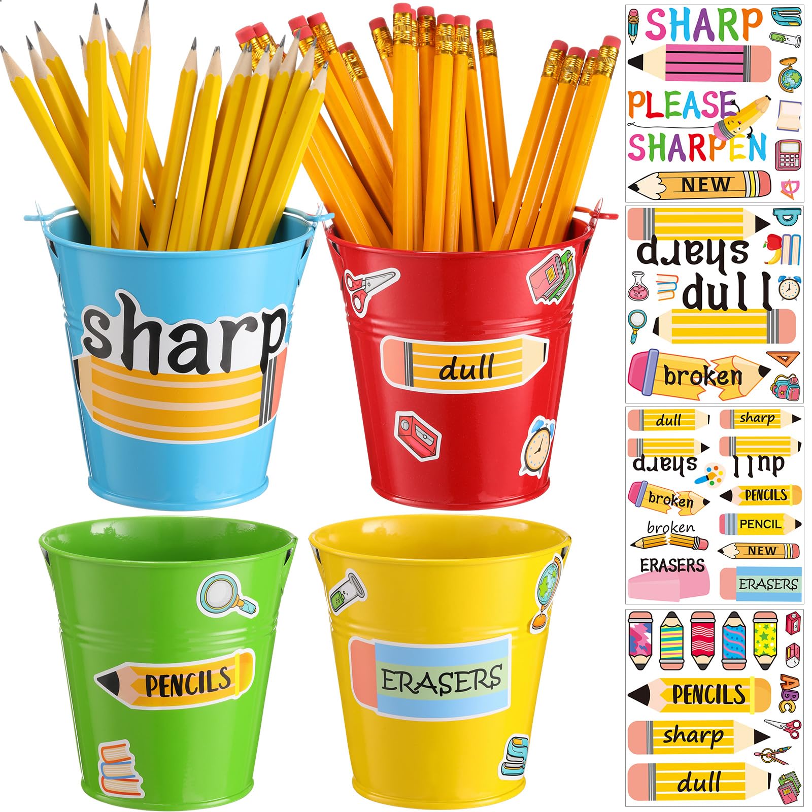 Photo 1 of Maxcheck 4 Pcs Sharp and Dull Pencil Buckets for Classroom Colorful Metal Tin Pails with 4 Pcs Pencil Sticker Metal Buckets with Handle for Teachers Management Organization Supplies
