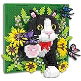 Flowers Tuxedo Cat Animal 3D Wall Art Micro Mini Building Blocks Set, Unique Home Wall Decor or Table Display, No Compatible 