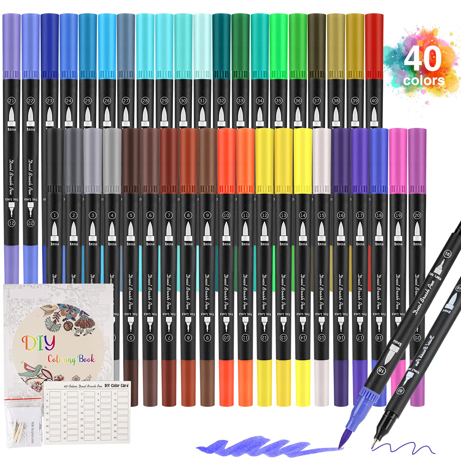 Peakness Dual Tip Brush Pens Set, 40 Colors, Nylon Brush Tip & 0.4mm Fine Tip, Watercolor Pens for Painting, Calligraphy, Colouring, Lettering, Journal