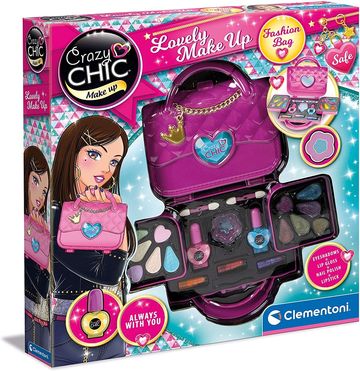 Clementoni- Crazy Chic: Lovely Fashion Bag Make Up Set for Kids, Safe & Washable Cosmetics (6+ Years)