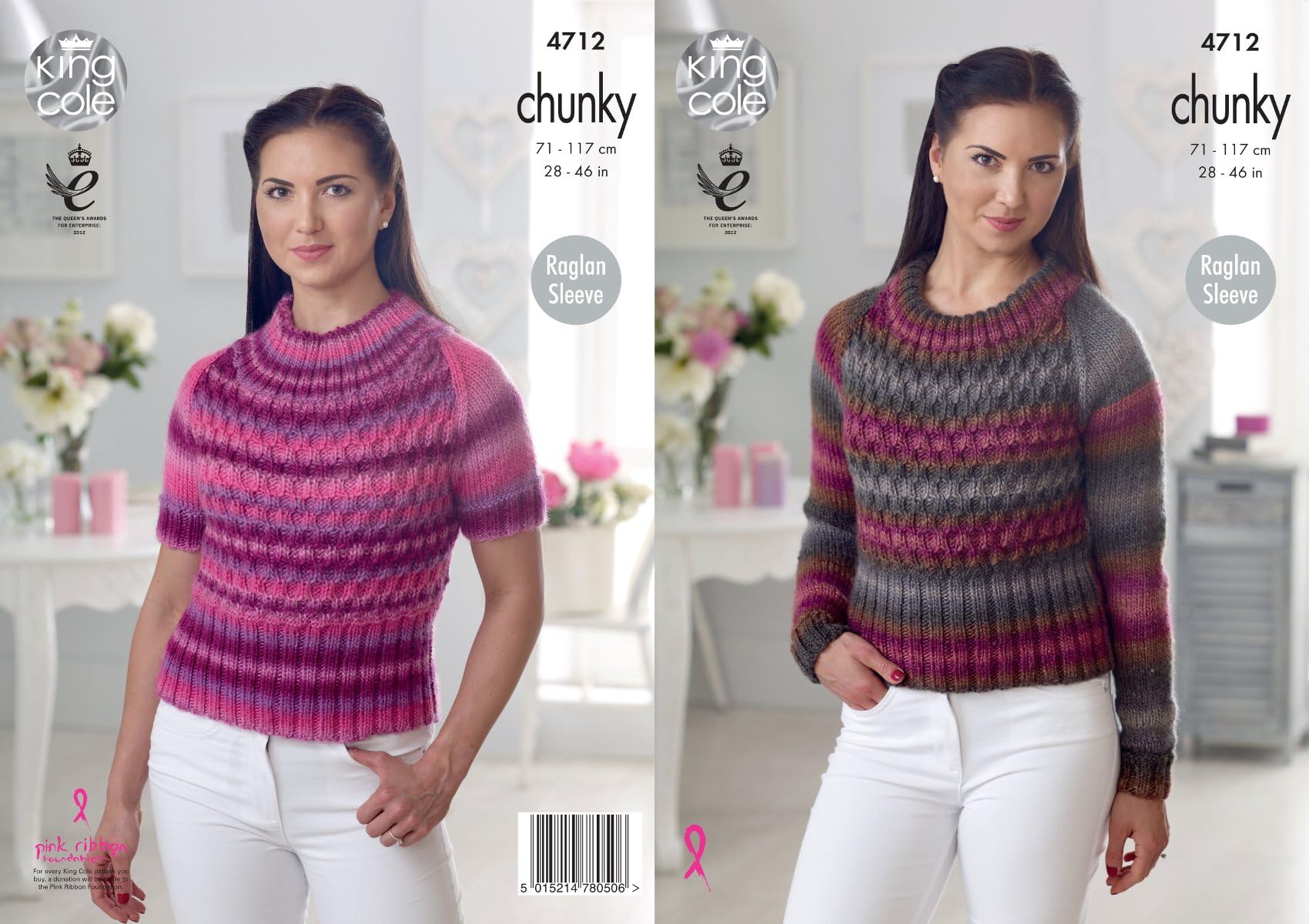 King Cole 4712 Knitting Pattern Womens Raglan Sweaters in King Cole Riot Chunky