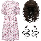 Langyiwee 3 Pcs Halloween Horror Movie Costume Women's Pink Floral Dress Costume Sand Worm Earrings Curly Wigs