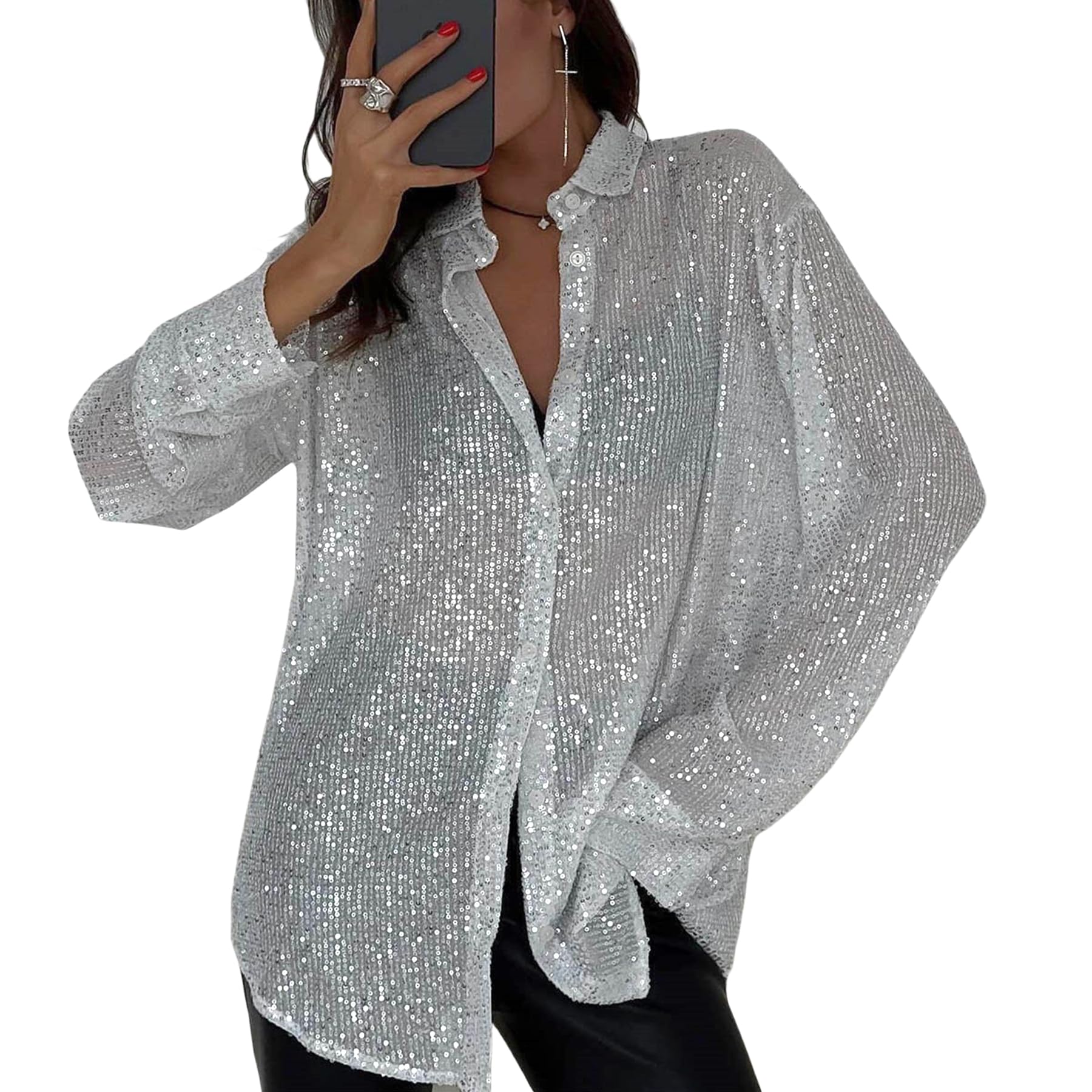 Photo 1 of (Upgraded) Womens Sequins Long Sleeve Collared Shirt Button Down Open Front Shirt Loose Blouses Shirts Tops,White S