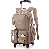 NIWEIYA Kids Rolling Backpack for Girls Boys, Elementary & Middle School Bags with Wheels, Boys Roller Backpack Kids Bookbag with 2 Wheels, Khaki