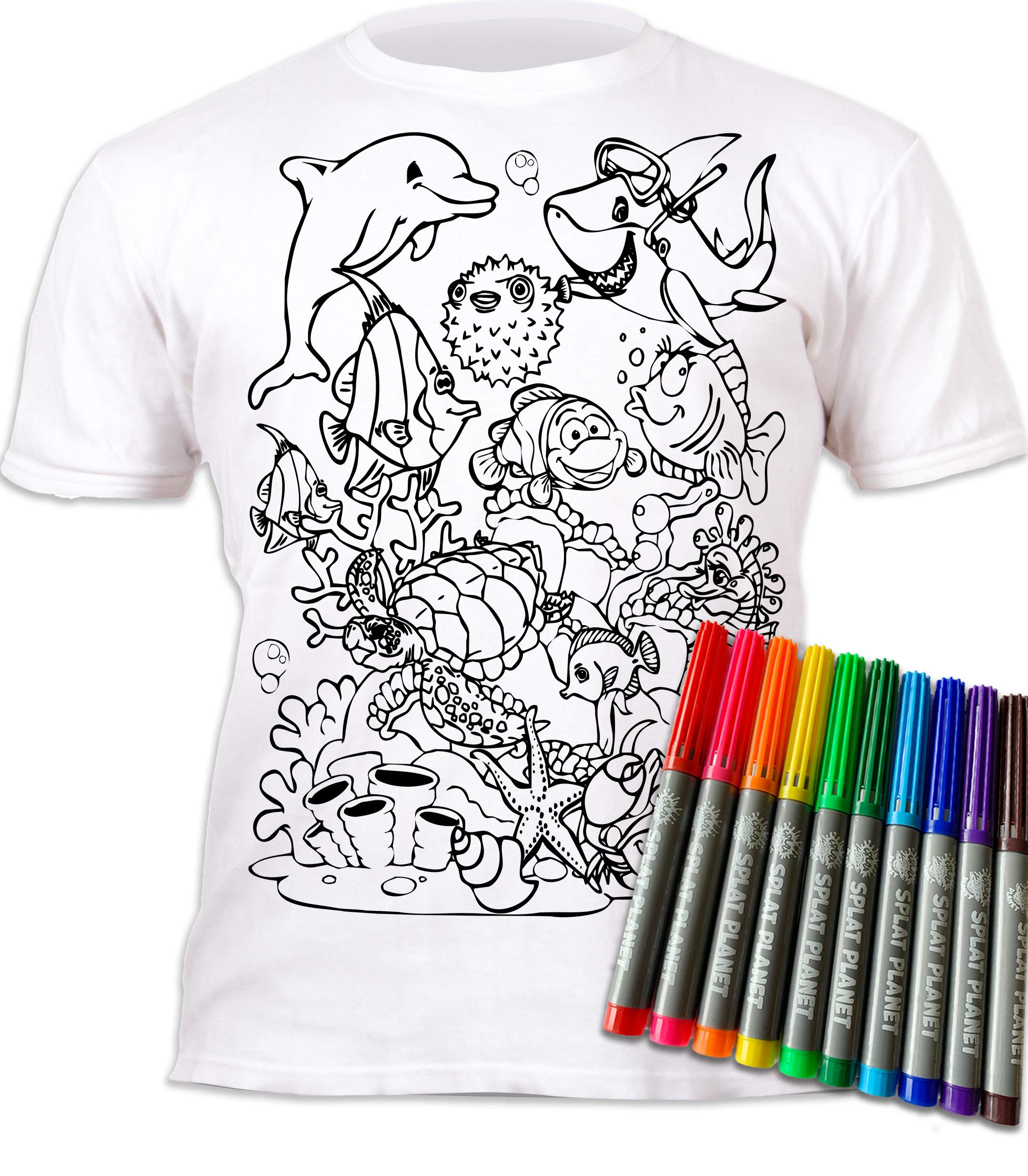 Splat Planet Sea Life T-Shirt with 10 Non-Toxic Washable Magic Pens - Colour Your Own, Wash Out (9-11 Years) White