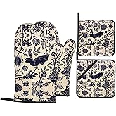 NELife Bats and Flower Oven Mitts and Pot Holders Sets of 4,Resistant Hot Pads with Polyester Non-Slip BBQ Gloves for Kitchen,Cooking,Baking,Grilling