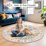 SHACOS Round Rug 120 cm Non Slip Washable Boho Vintage Floral Circle view 4