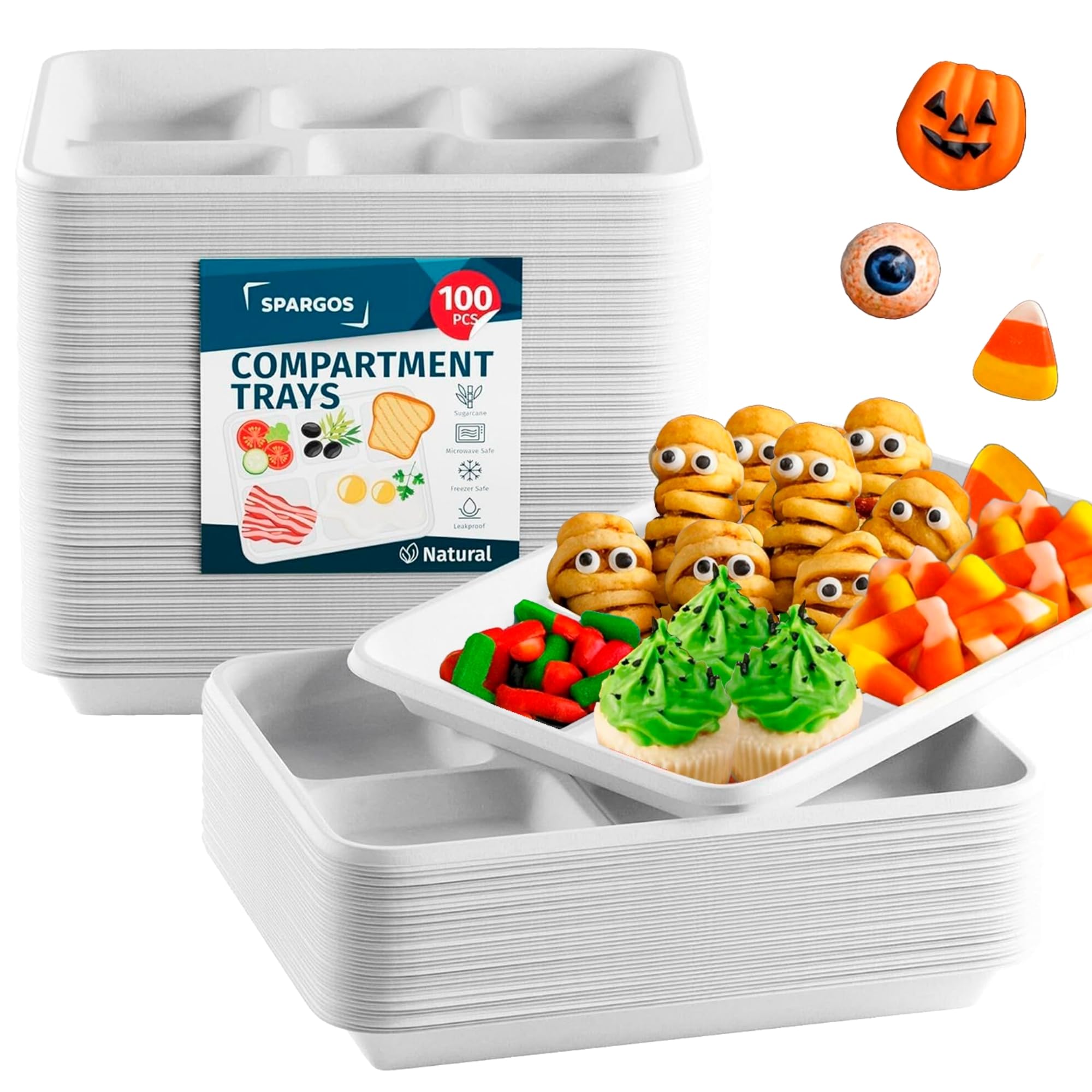 Photo 1 of 5 Compartment Plates Disposable Heavy Duty (100 Pack) Trays 12.5" x 8.6" - Sugarcane School Trays - Disposable Plates with Compartments Sectioned - Environmentally-Friendly Paper Dividers