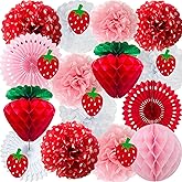 ANSOMO Strawberry Party Decorations Red Pink White Tissue Pom Poms Fans Honeycom Balls Lanterns Garland Classroom Berry Sweet Fruits 1st One Birthday Bridal Baby Shower Décor Supplies Girls
