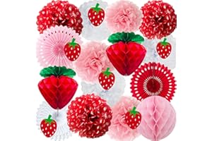 ANSOMO Strawberry Party Decorations Red Pink White Tissue Pom Poms Fans Honeycom Balls Lanterns Garland Classroom Berry Sweet Fruits 1st One Birthday Bridal Baby Shower Décor Supplies Girls