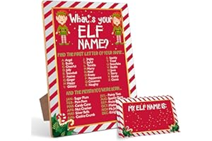 Christmas Party Game What's Your Elf Name Game (1 Wooden Sign with Stand + 50 Name Cards), Christmas Games for Families, Holi