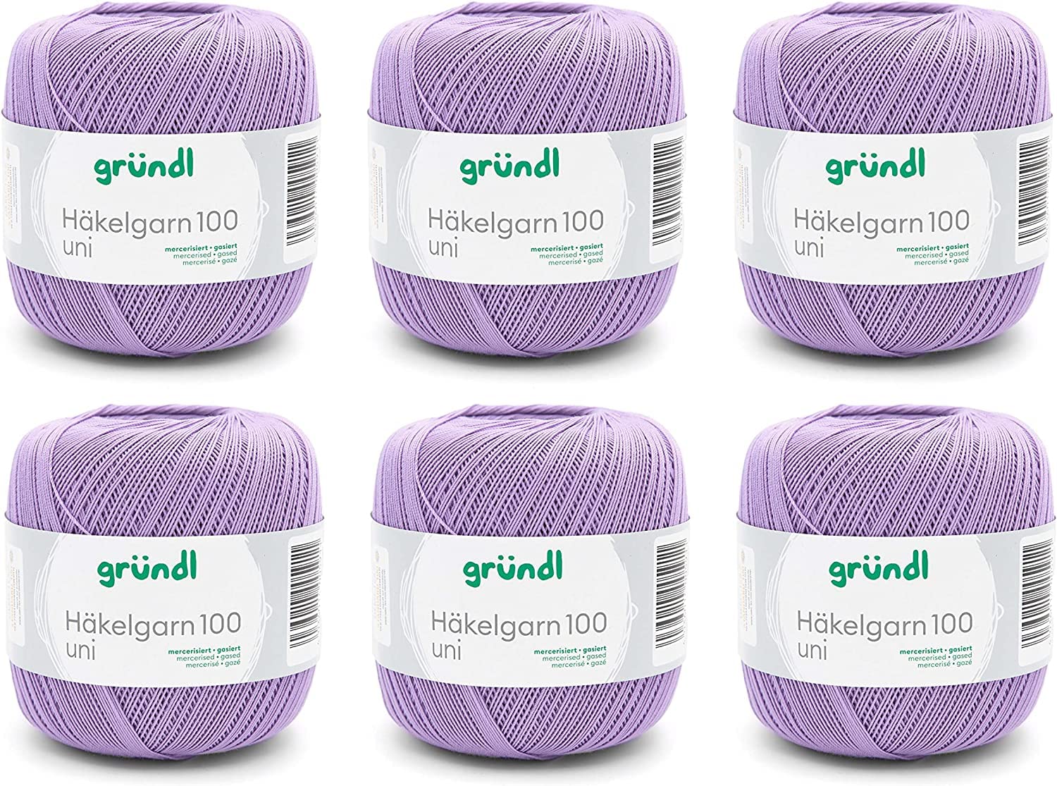 Gründl Häkelgarn 100 Uni (Crochet Wool, Knitting Yarn, Mercerised Cotton Yarn for Crochet Made of 100% Cotton, 100 g / 566 m, Needle Size: 1.5-2mm, 6 x 100 g), Lilac