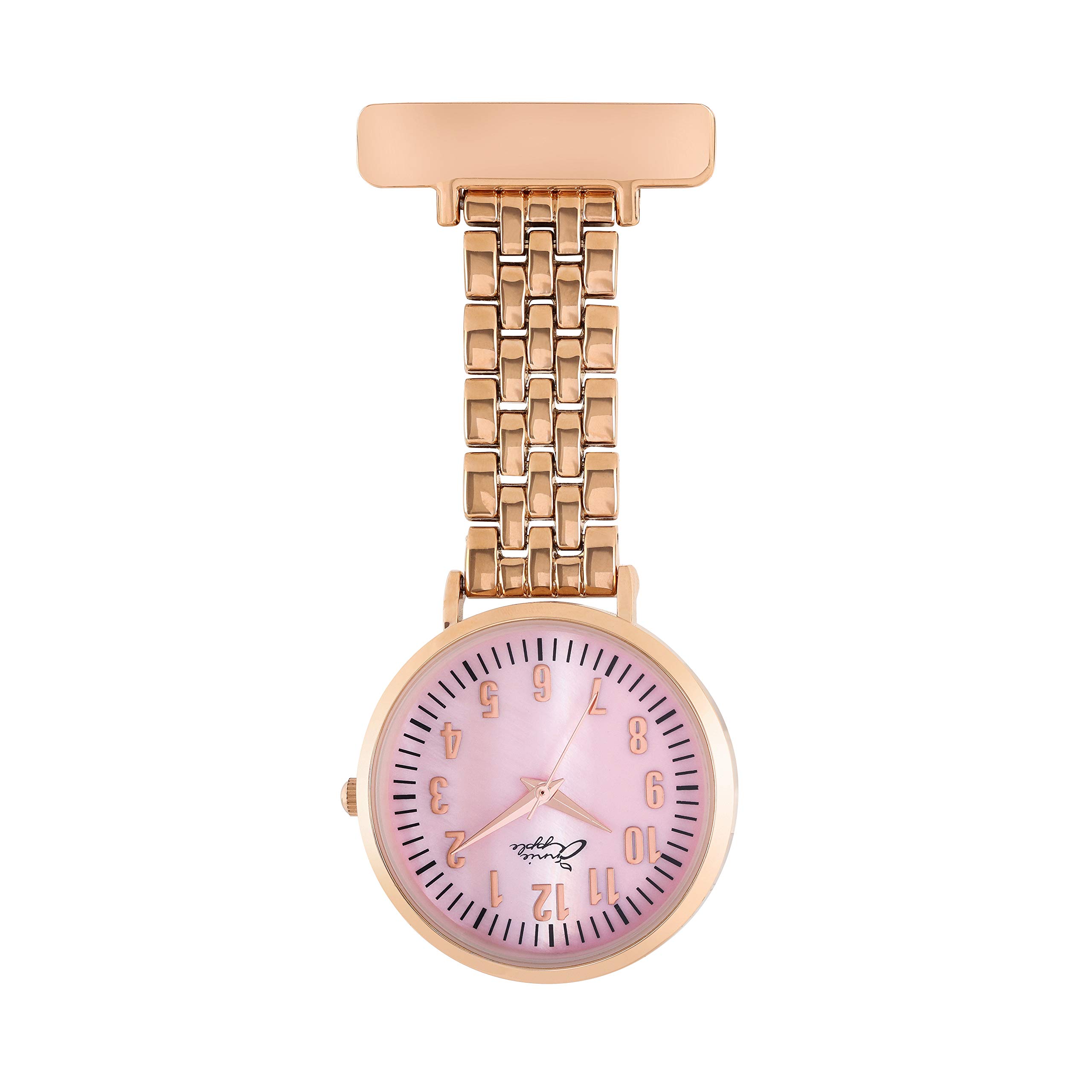 Annie Apple Nurse Fob Watch – Pink Mother of Pearl Dial with Rose Gold Link Chain Bracelet, Pocket Watch for Nurses, Hairdressers & Beauticians