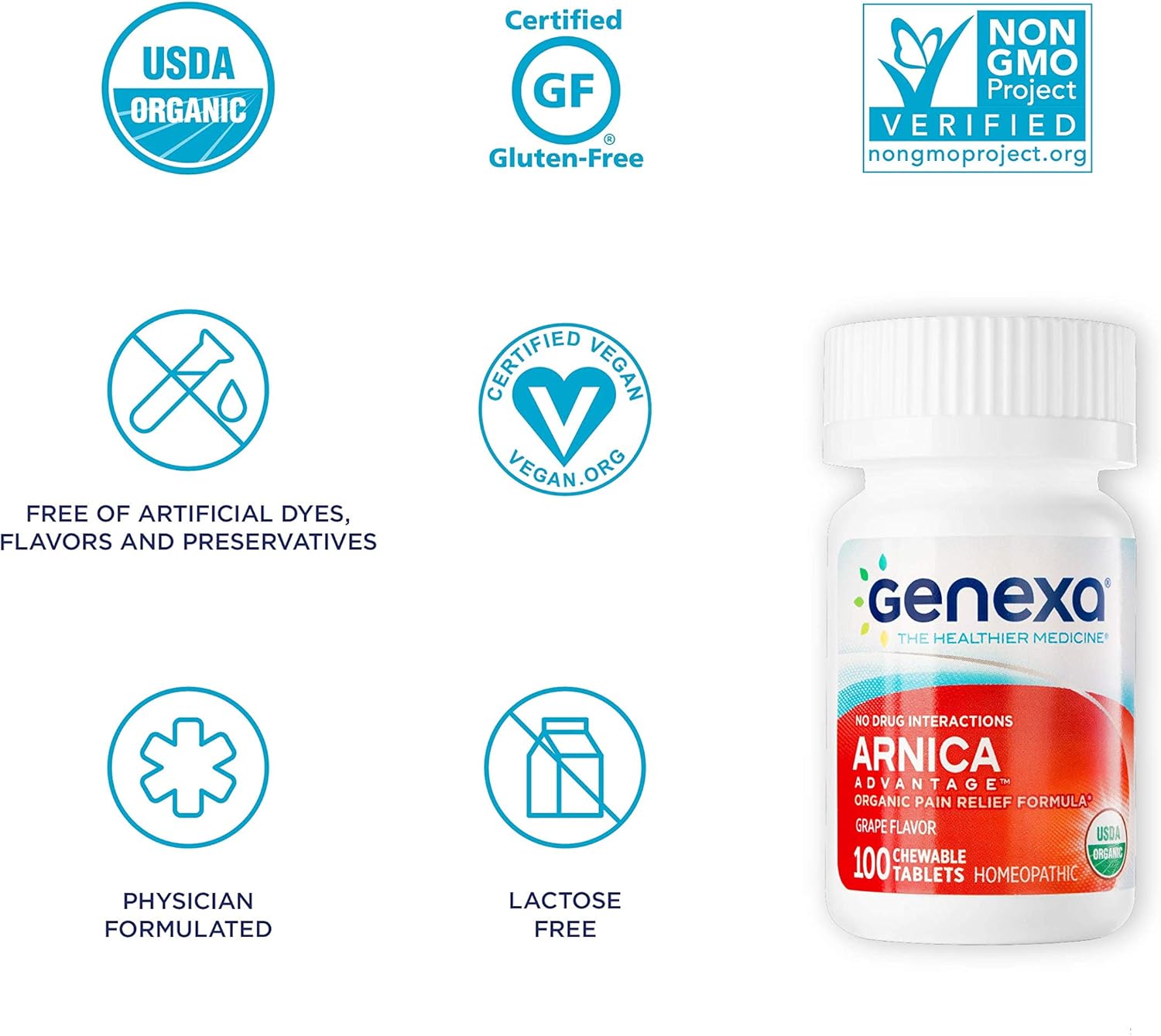 Genexa Arnica Advantage – 100 Tablets | Certified Organic & Non-GMO, Physician Formulated, Homeopathic | Pain Relief Medicine: Health & Personal Care