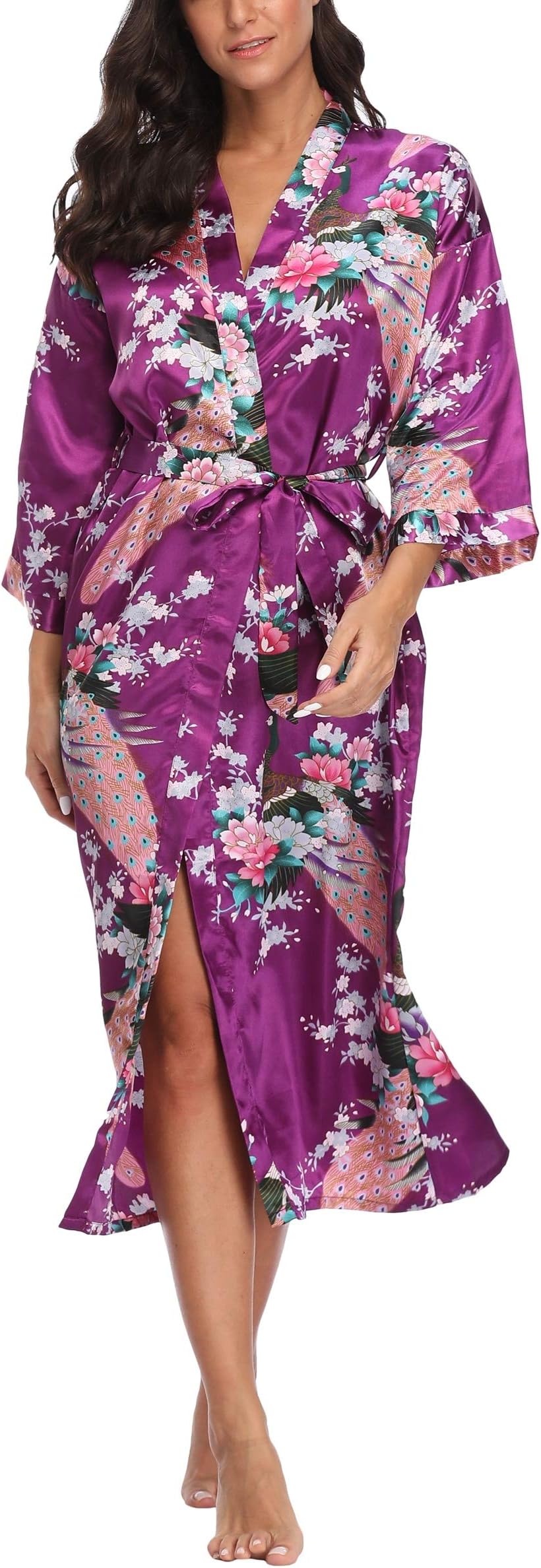 WitBuy Women's Long Floral Kimono Robes for Party Satin Peacock Printed Bathrobe Silky Nightgown Lightweight Loungewear