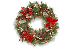 National Tree Company Pre-Lit Artificial Christmas Wreath, Green, Tartan Plaid, White Lights, Decorated with Frosted Branches, Pine Cones, Berry Clusters, Flowers, Christmas Collection, 30 Inches