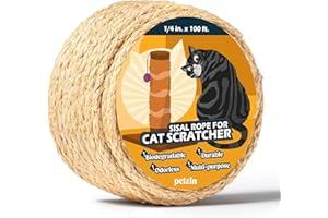 Pelzin Natural Sisal Rope for Cat Scratcher 1/4 Inch by 100 Feet, Cat Tree Rope Twine for Cat Scratching Post Replacement, Cat Tower with Scratch Post Repairing, Replace, Recovering and DIY, Natural