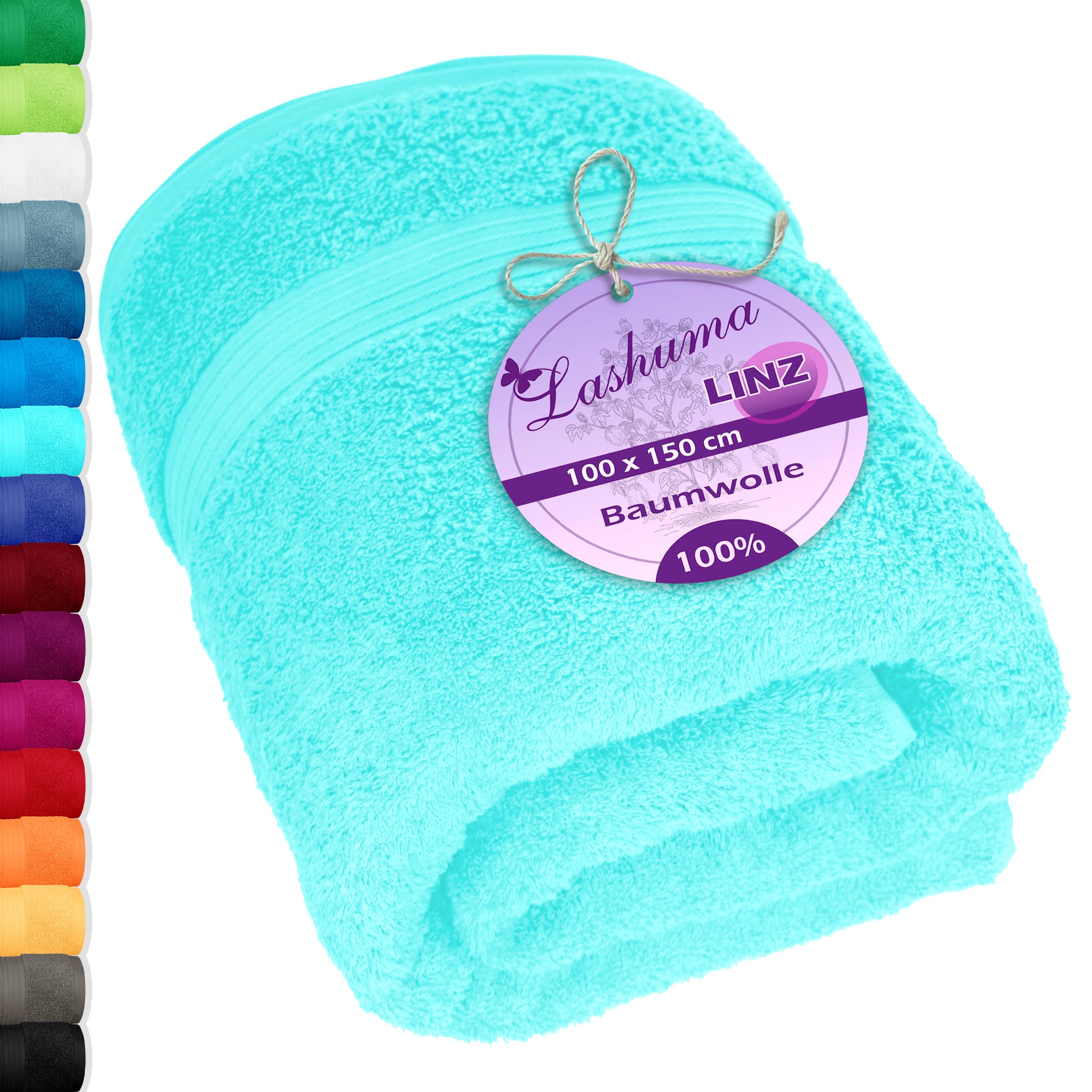 Lashuma® Towel Series – Available in 16 Colours and 6 SizesFace Cloth/Guest Towel/Hand Towel, Bath Towel, Shower Towel/Sauna Towel, 100% Cotton, turquoise, 100 x 150 cm