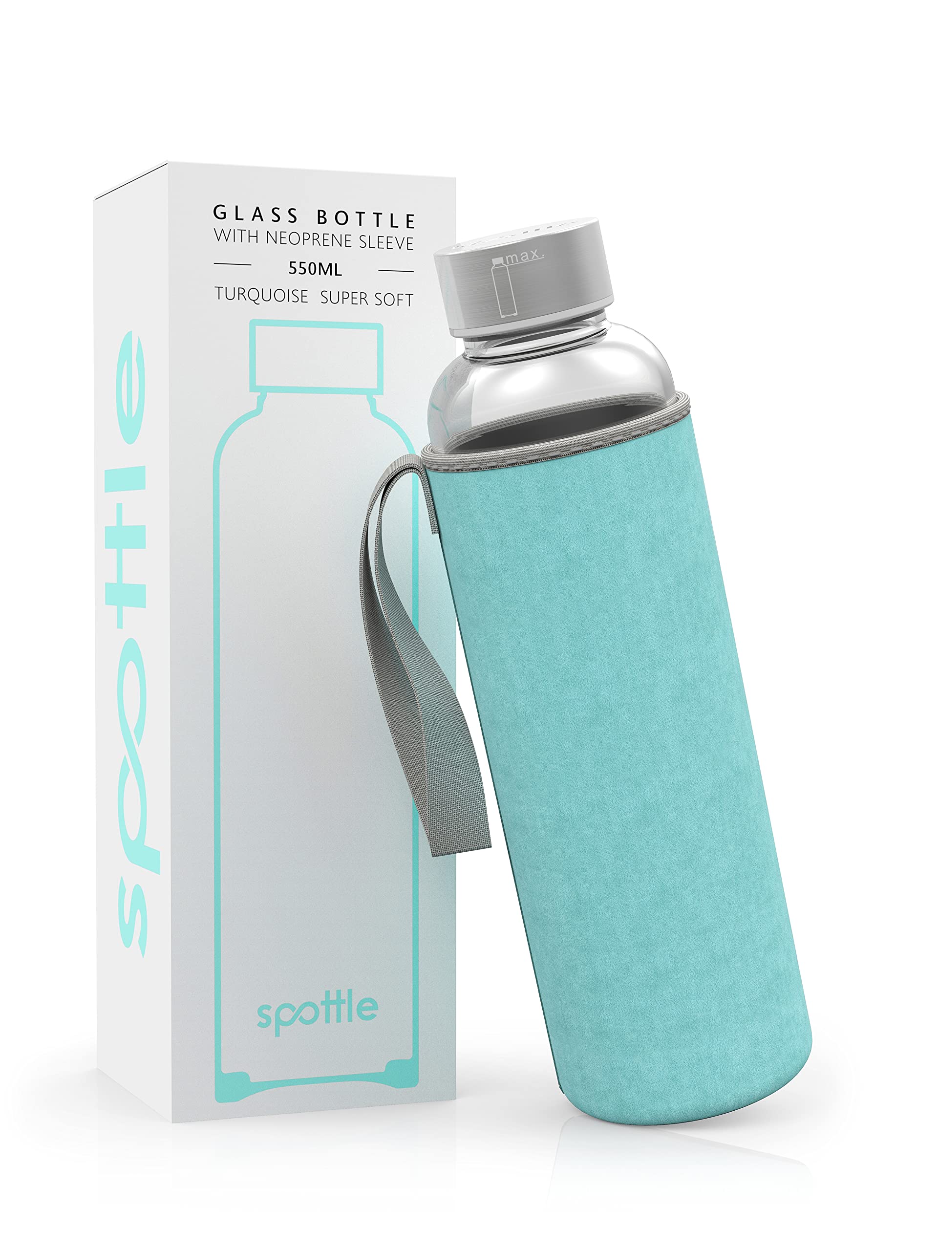 spottle glass water bottle 1 litre with neoprene sleeve - borosilicate drinking bottle 500ml, 750ml, 1l with lid - water bottle glass for kids and adults - dishwasher safe