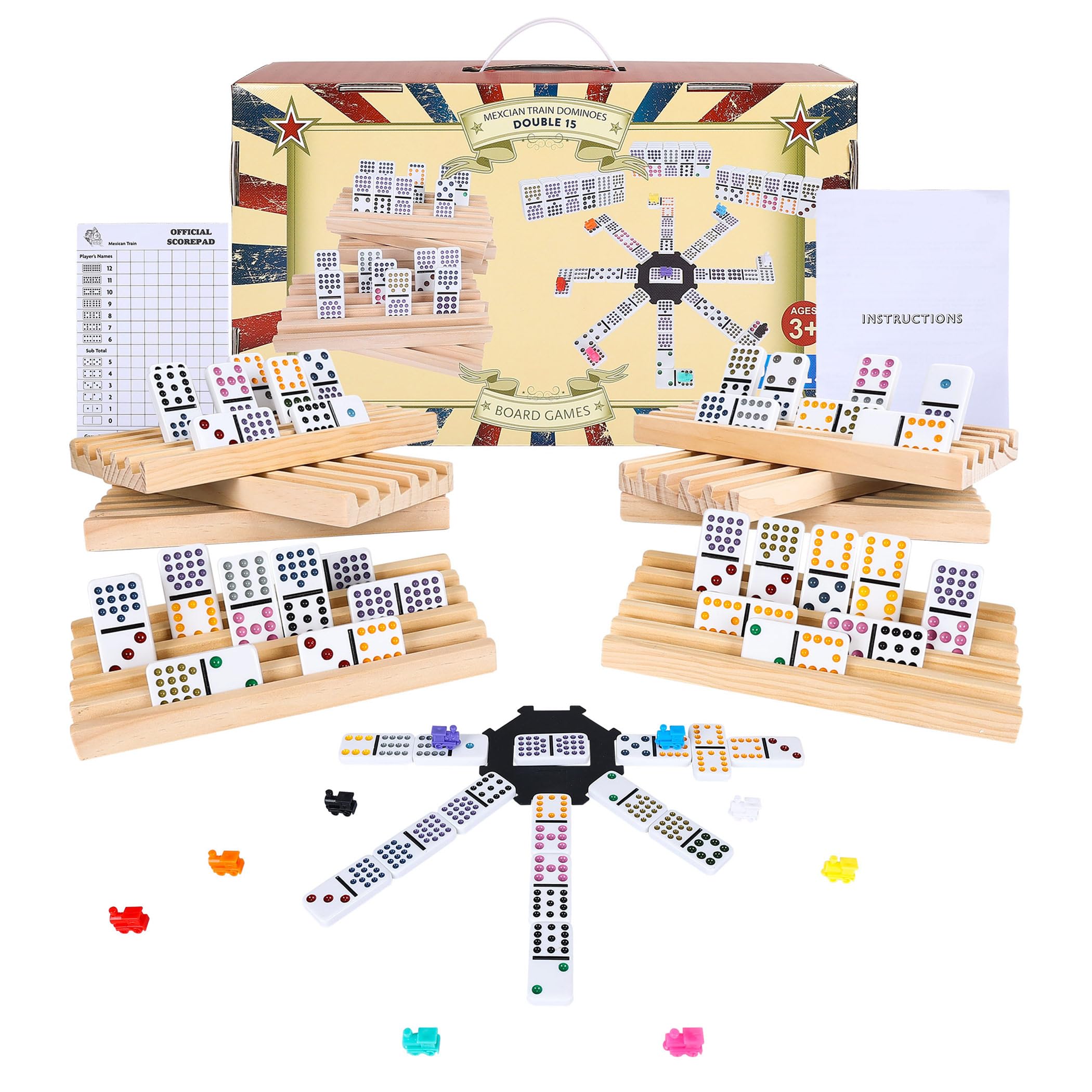 Photo 1 of **USED** Gonoelec Mexican Train Dominoes Set Double 15, Dominoes Set for Adults and Family, Mexican Train Double 15 Dominos Set Colored Dot - 136 Tiles in Tin Box, 9 Trains, Hub, 8PCS Wooden Trays