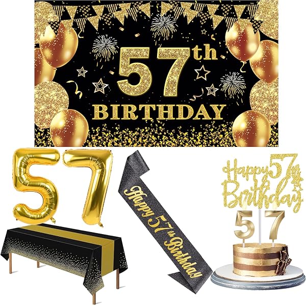 57. Geburtstag-Banner – Schwarz/Gold, 1,2x1,8 M, Mit Aufhängeschnur, Für Foto-Hintergrund & Party