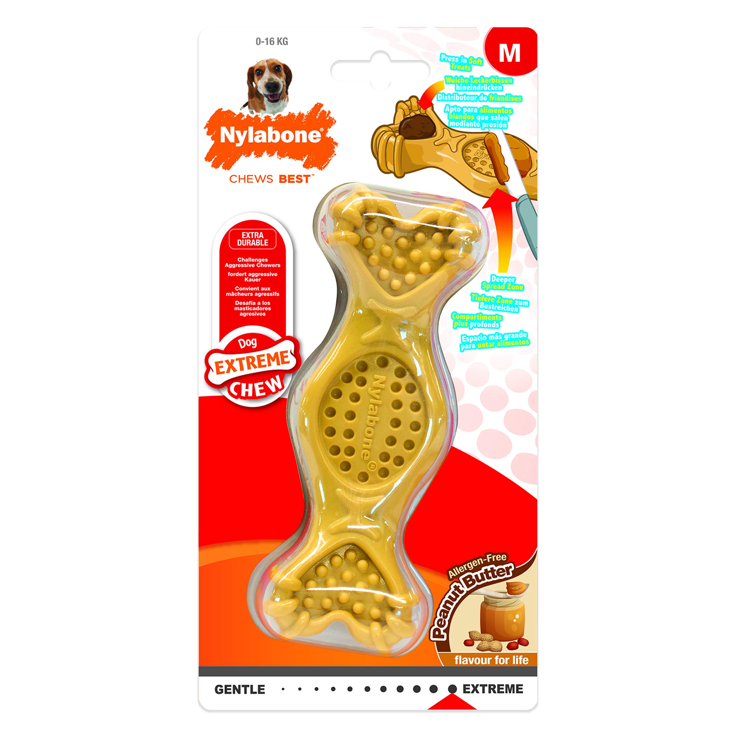 Nylabone Extreme Tough Dog Chew Toy Bone, Fill with Favourite Treats, Peanut Butter, M, for Dogs Up to 16 kg