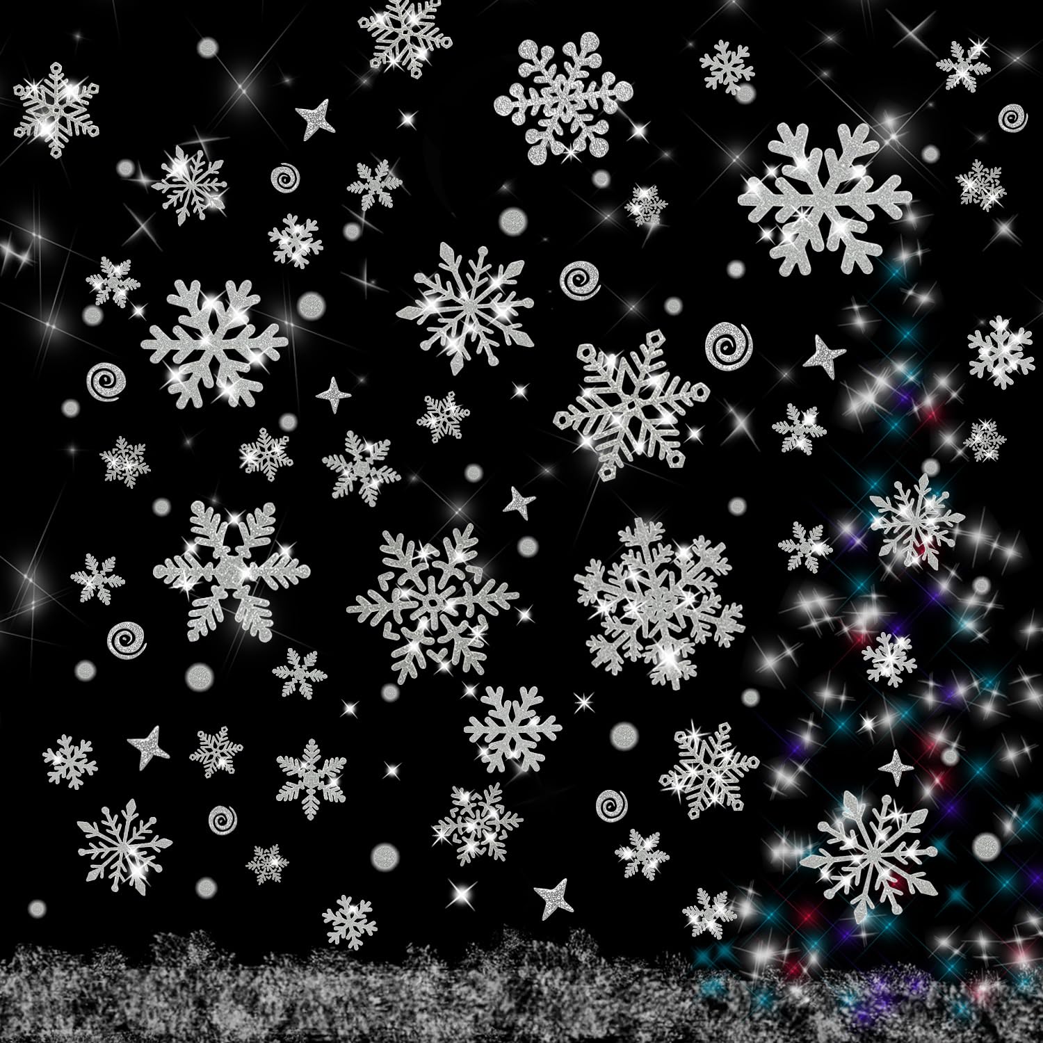 Mauts 222pcs Silver Glitter Snowflake Window Stickers, Reusable Christmas Decorations Christmas Window Stickers
