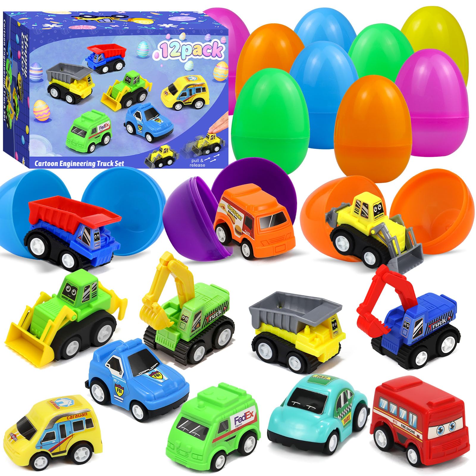 Myouth 12 Pack Prefilled Easter Eggs with Toys - Pull Back Car Easter Eggs Filled for Egg Hunt, Easter Basket Stuffers for Kids,Easter Party Favors Prizes for Boys Girls