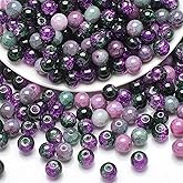 MKLKSDH 200PCS 8MM Glass Beads for Jewelry Making, Colorful Purple Black Round Crystal Lampwork Crackle Spacer Loose Beads for Bracelet Making, Keychain, Pens, DIY Crafts Projects