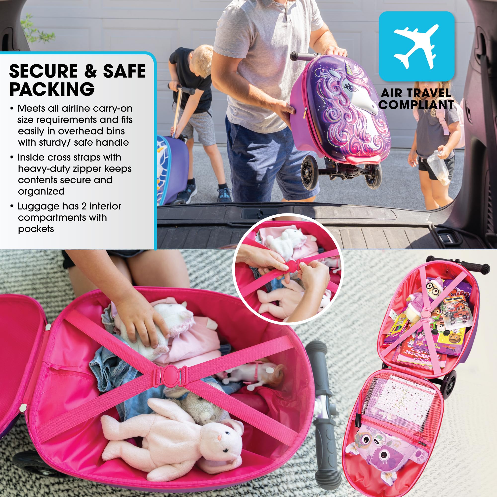 KIDDIETOTES Ride-On Scooter Suitcase for Kids – Hardside Lightweight Carry-On Luggage with Foldable Scooter, LED Wheels, Travel Fun for Toddlers & Children