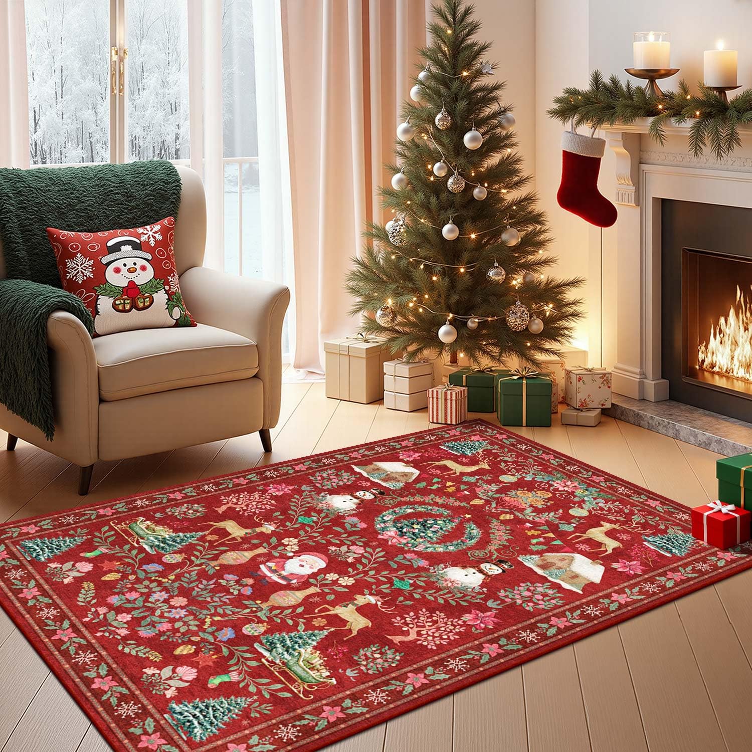 Rugxara Christmas Rug for Living Room Bedroom, 4x6 Christmas Area Rugs Washable Carpet, Christmas Tree Santa Claus Non Slip Stain Resistance Xmas Carpets for Dining Room Holiday Decor Image