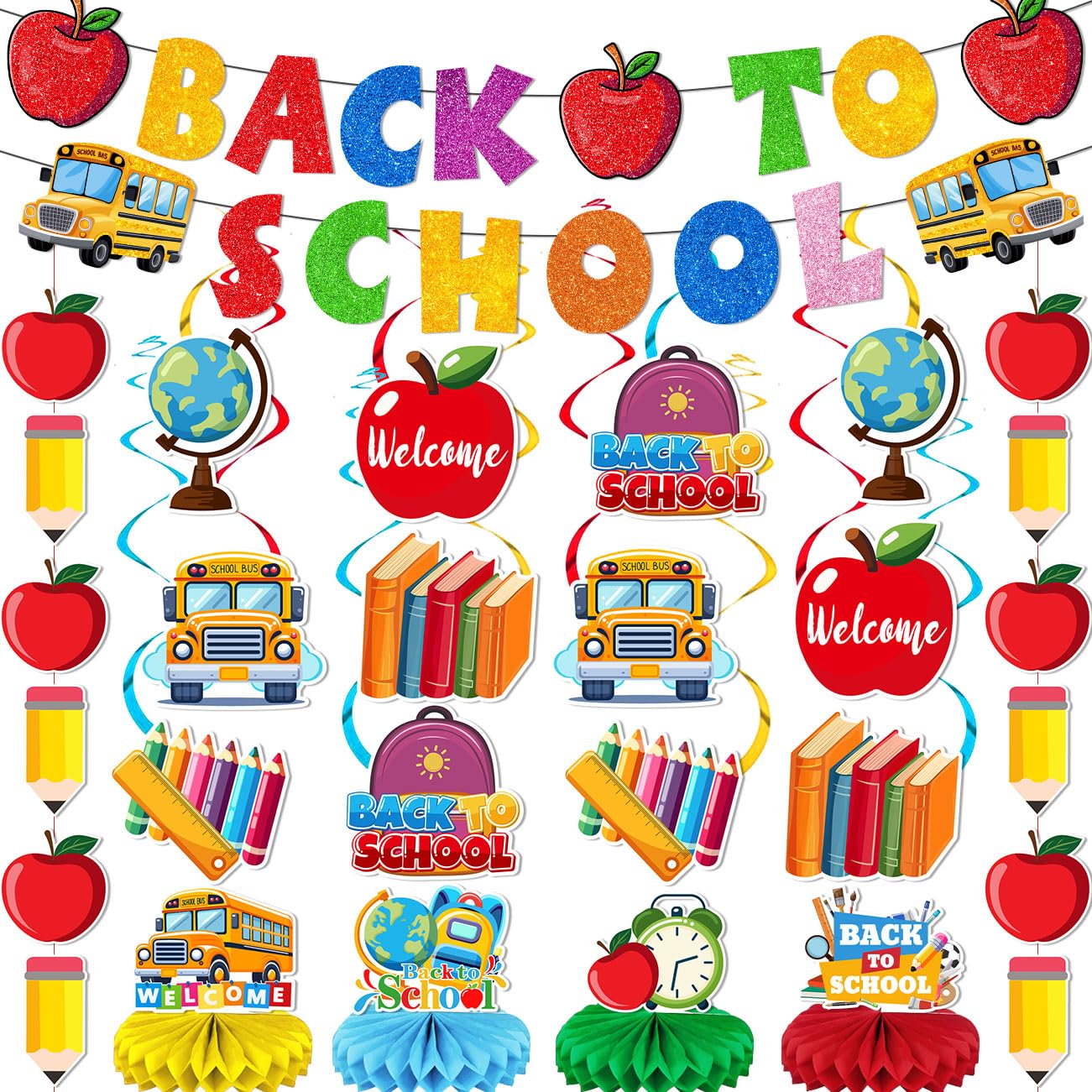 Photo 1 of Back to School Decorations Welcome Back to School Banner School Bus Table Centerpieces Apple Pencil Hanging Swirl for Classroom Office Home First Day of School Party Supplies